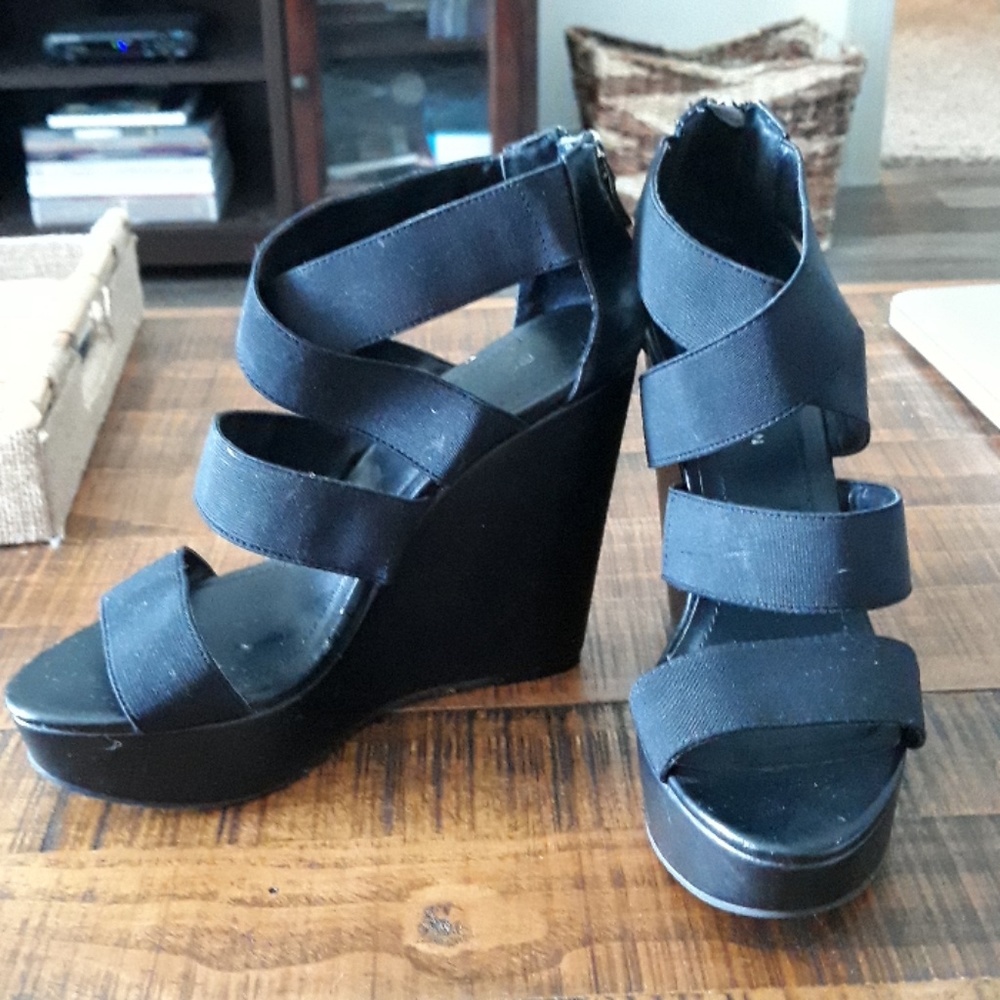 BCBG Black Stretchy Strap Wedges
